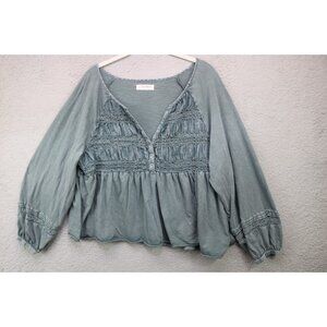 Lucky Brand Long Puff Sleeve Cropped Stone Wash Smocked Top-XL-BOHO-Hippie